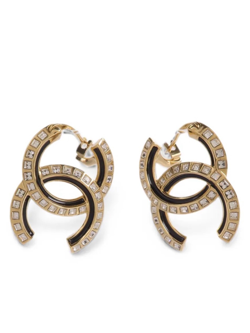 CHANEL Gold and Black CC Crystal-Embellished Earrings